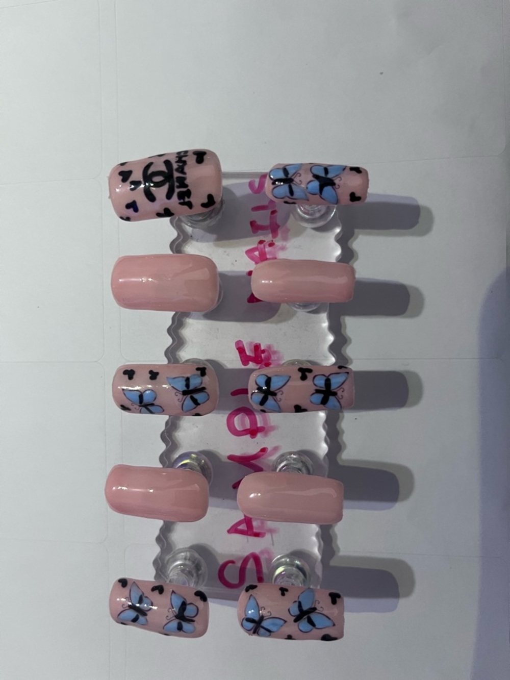 Pink Butterfly Press-On Nail Set with Designer-Inspired Logo